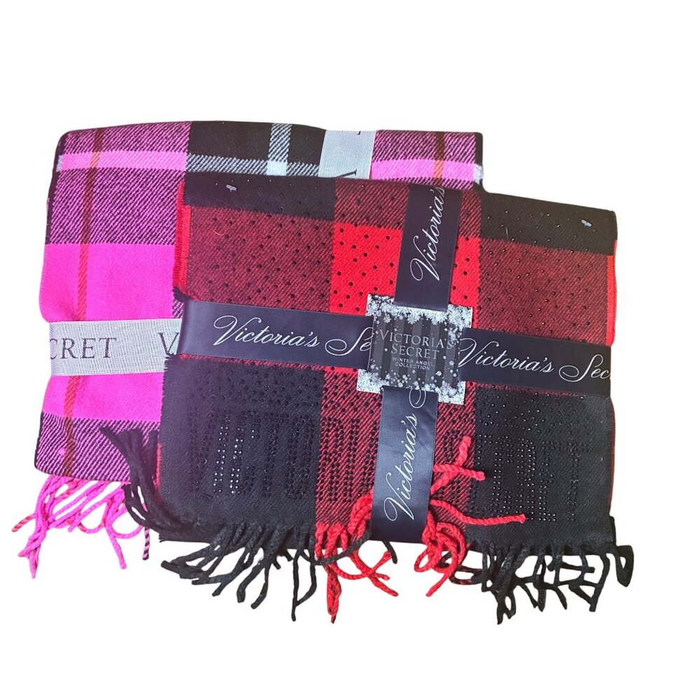 NWT 2 Victorias Secret Cozy Scarves Sparkle Buffalo Check Pink‎ & Red Plaid